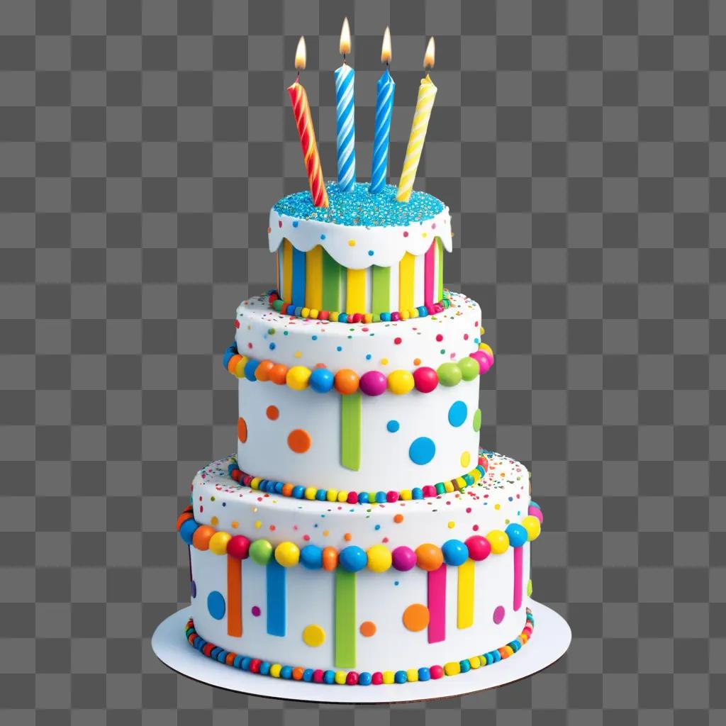 Birthday cake with colorful candles and decorations