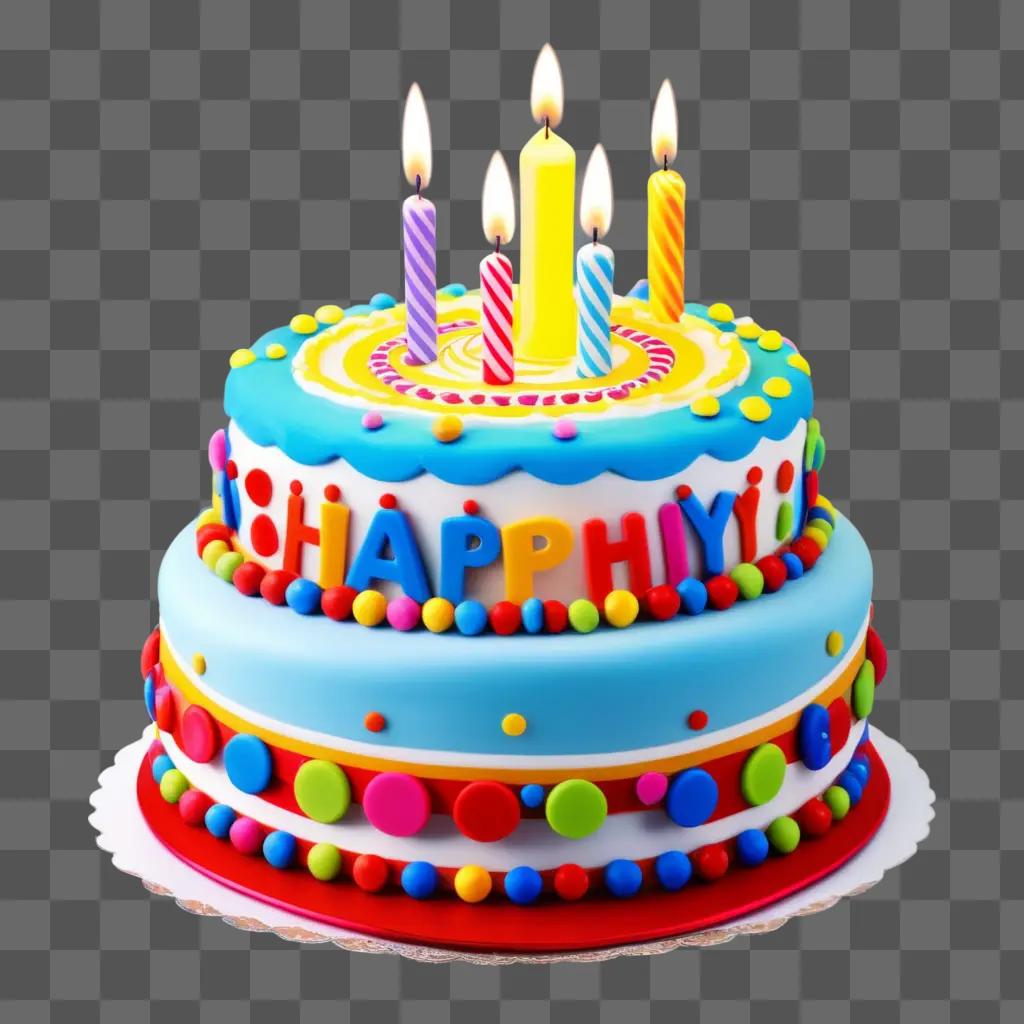 Birthday cake with colorful candles and happy letters