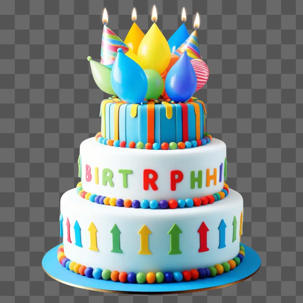 Birthday cake with colorful candles and letters