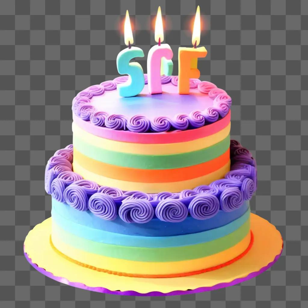 Birthday cake with colorful candles and lit candles