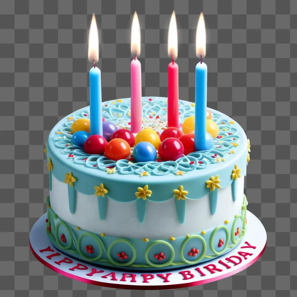 Birthday cake with colorful candles on a transparent surface