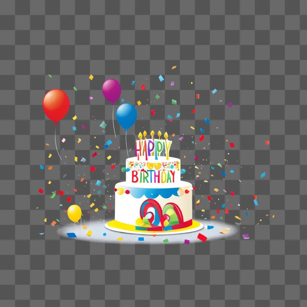 Birthday cake with colorful confetti and balloons