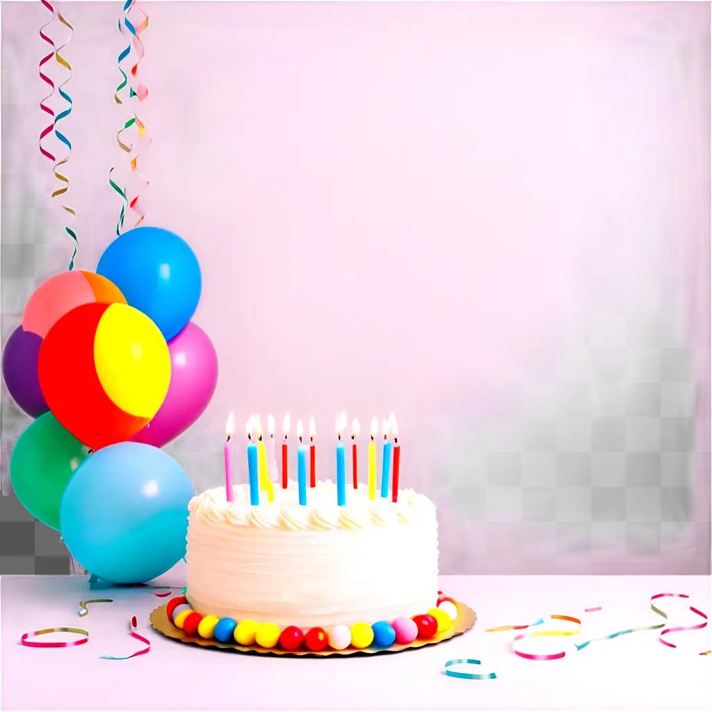 Birthday cake with lit candles, balloons, and streamers