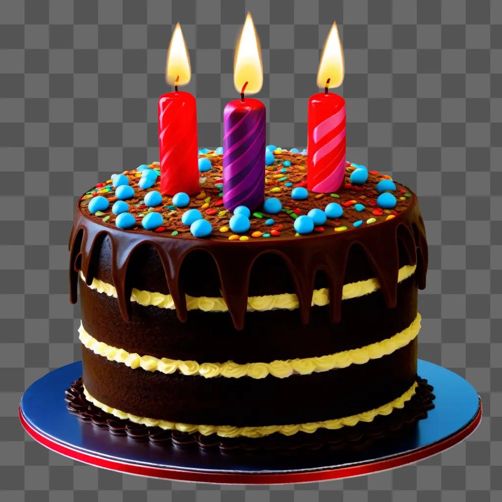 Birthday cake with lit candles and colorful candies