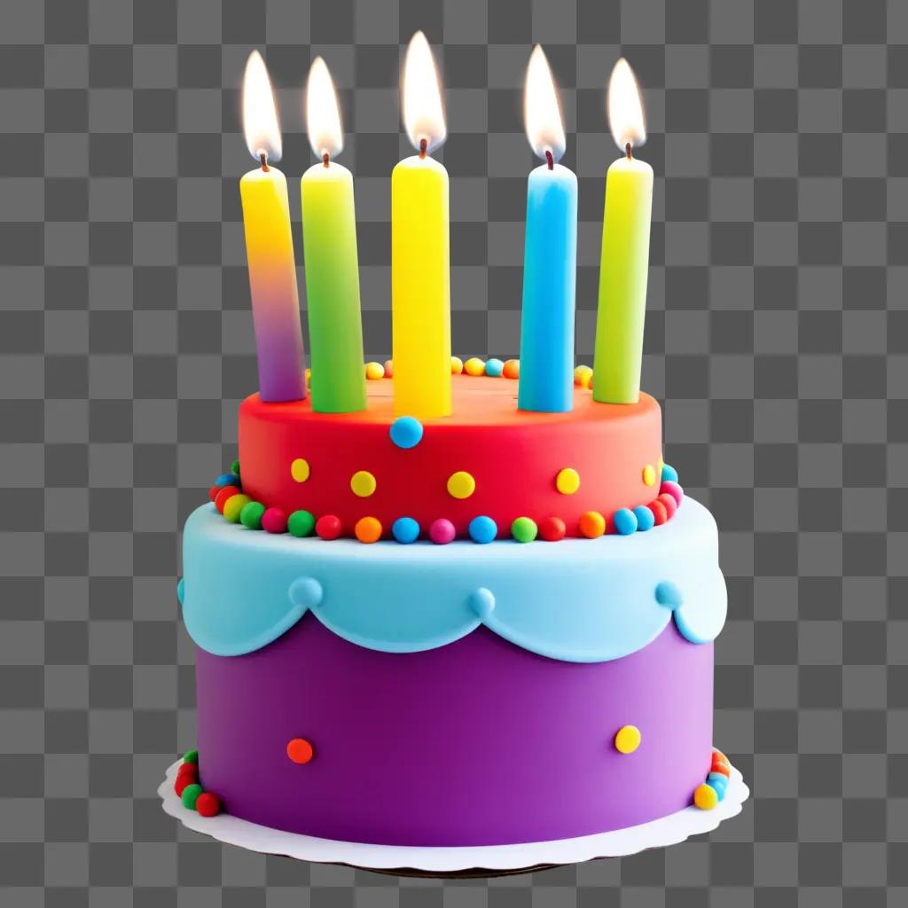 Birthday cake with lit candles and colorful decorations