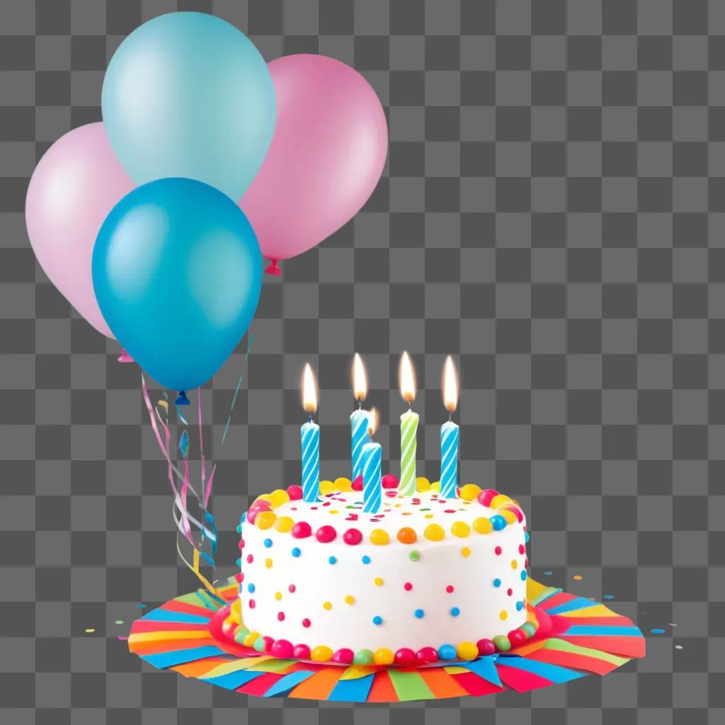 Birthday cake with lit candles and colorful decorations