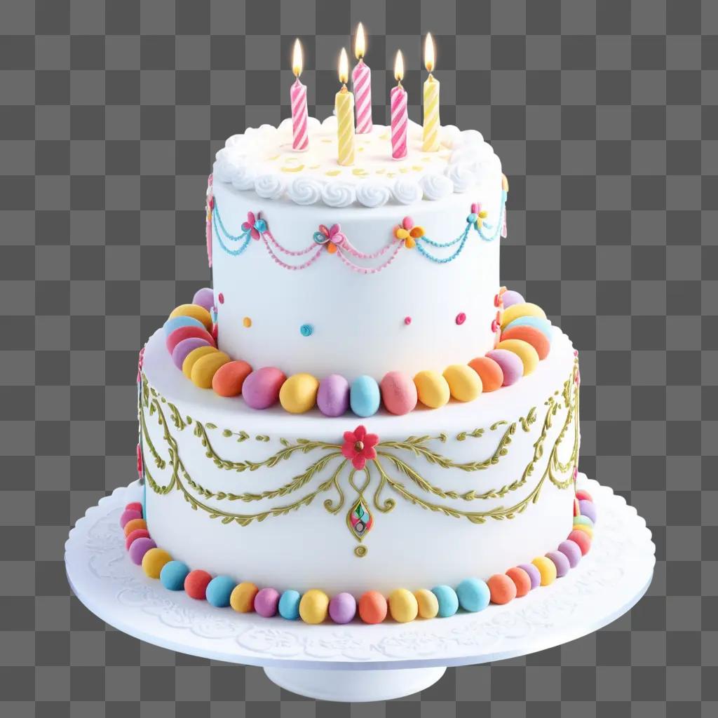 Birthday cake with multicolored candies and colorful candles