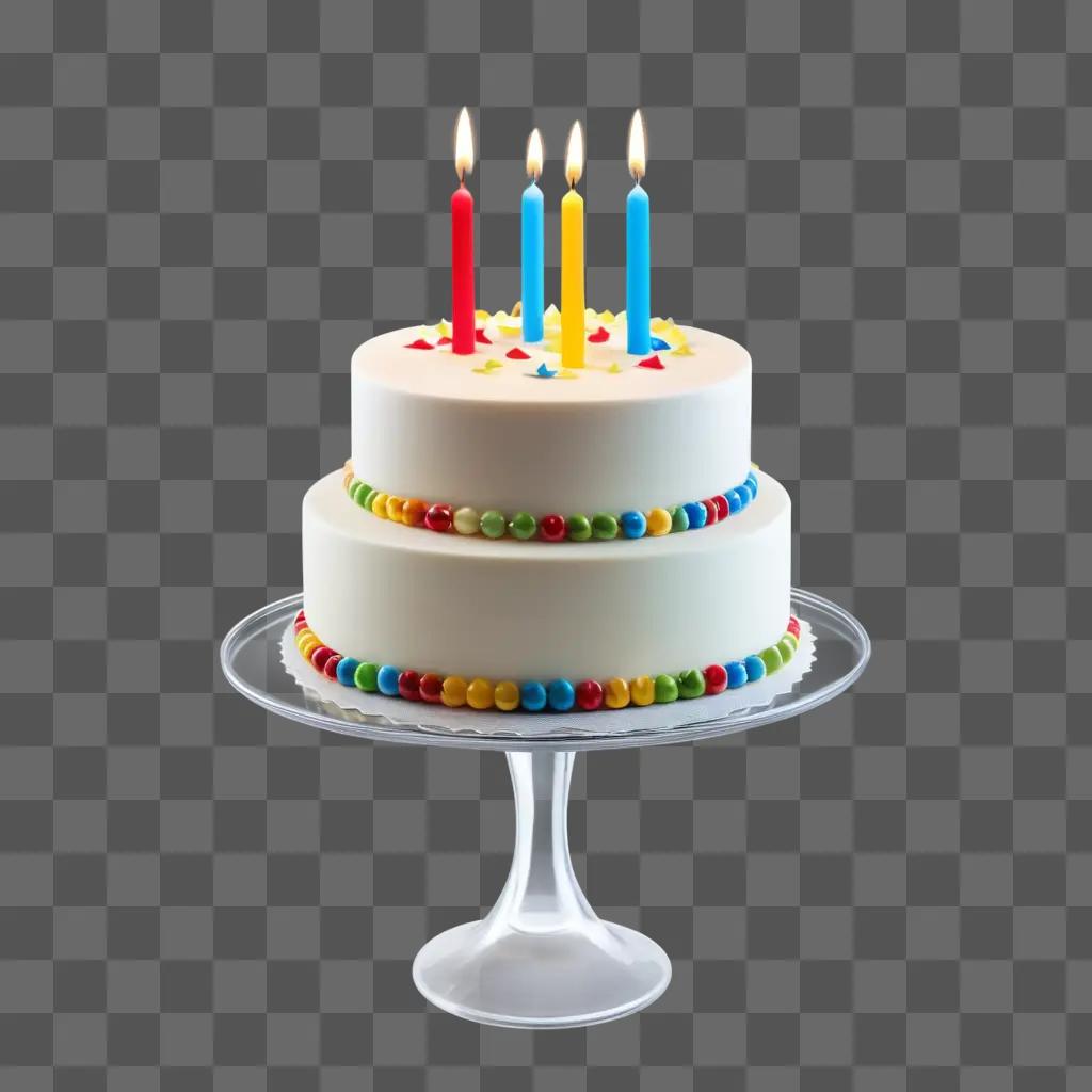 Birthday cake with multicolored candles and a clear base