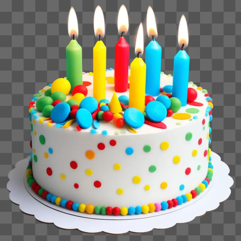 Birthday cake with multicolored candles and colorful candies