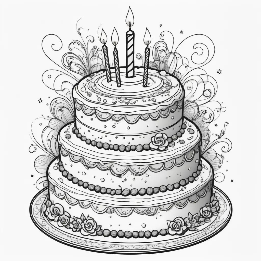 Birthday color page of three tiered cake with candles