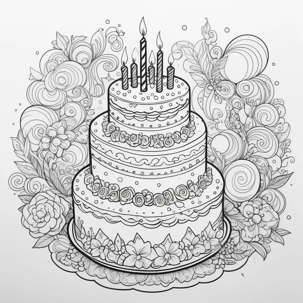 Birthday coloring page with three-tiered cake and candles