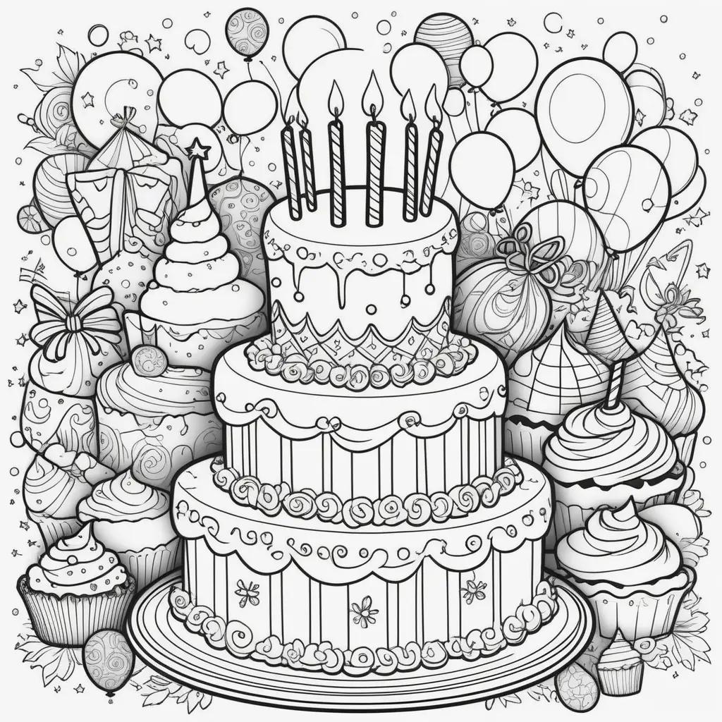 Birthday coloring pages featuring a birthday cake and cupcakes