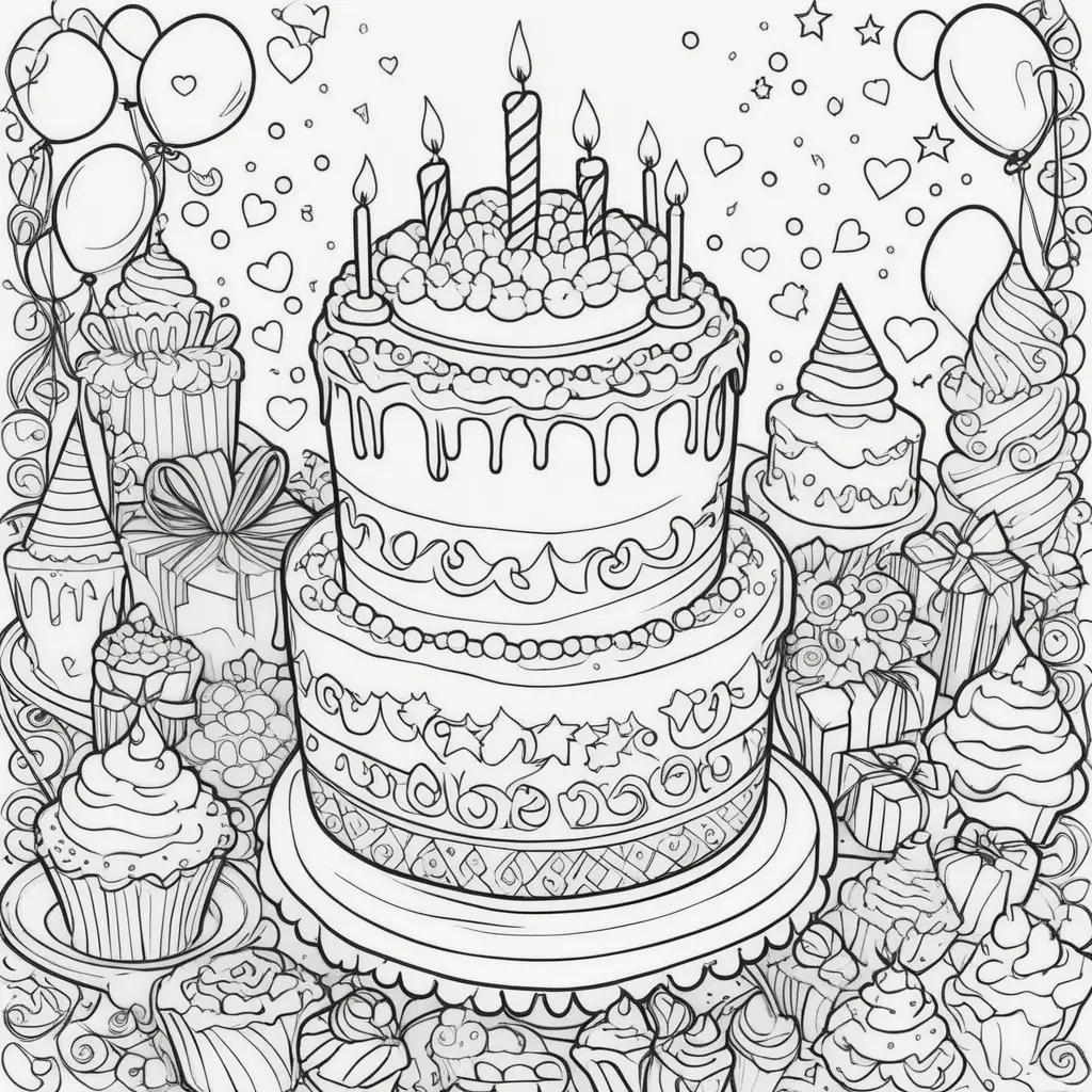 Birthday coloring pages featuring a birthday cake and presents