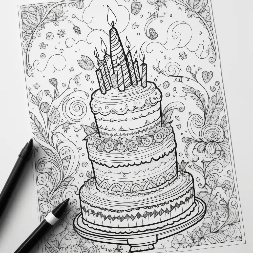 Birthday coloring pages featuring a cake with candles