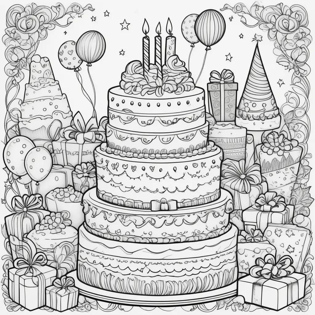 Birthday coloring pages featuring a large cake and presents