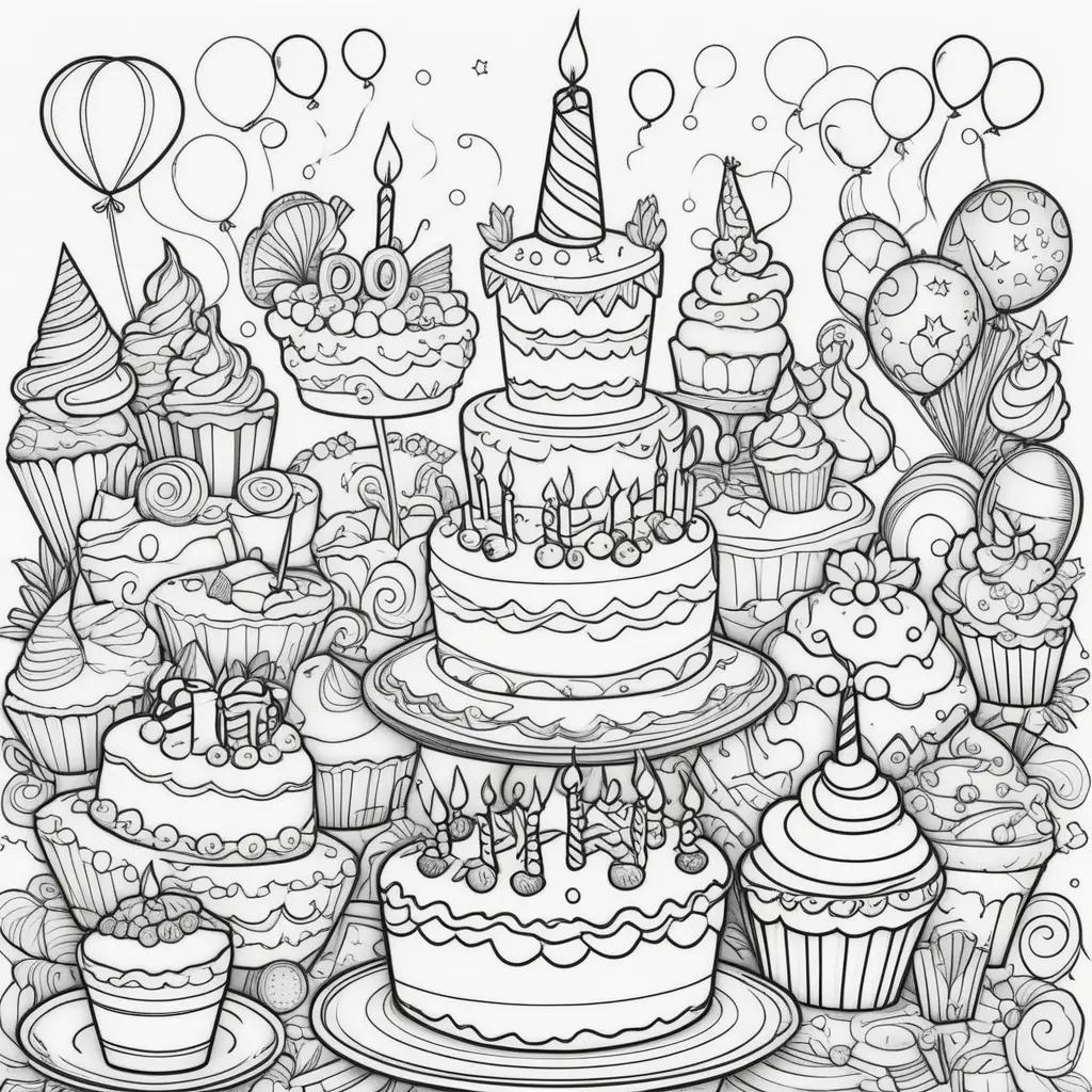 Birthday coloring pages with cakes and balloons