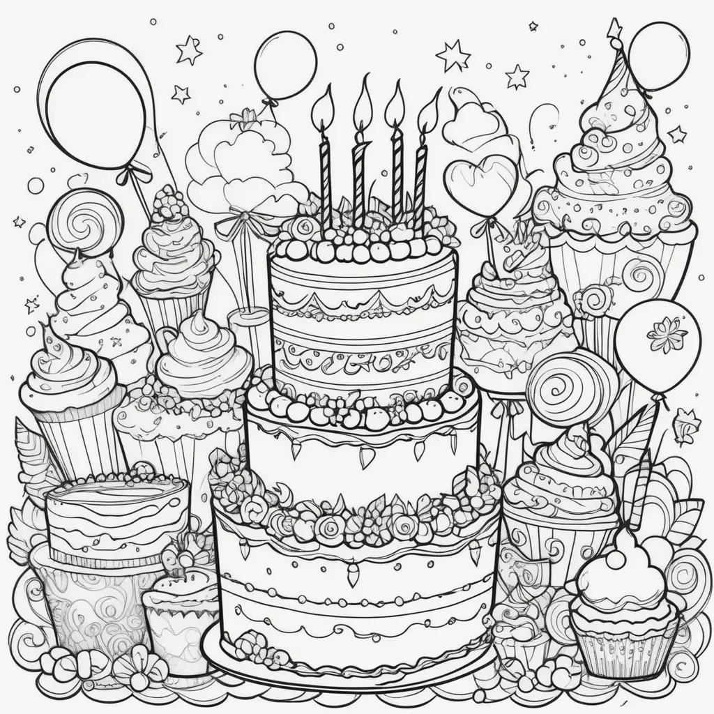 Birthday coloring pages with cupcakes and cake