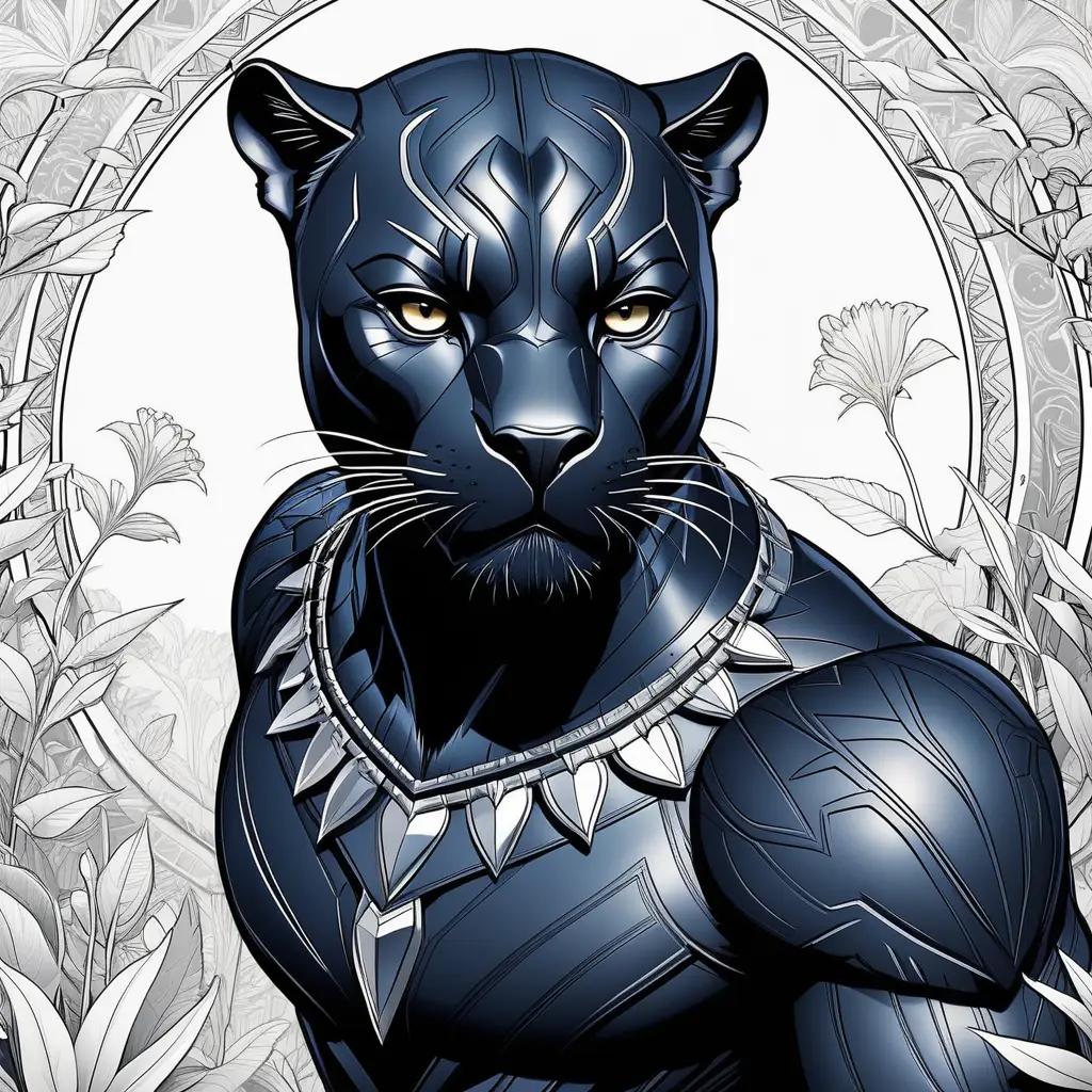 Black Panther color pages in a black and white illustration