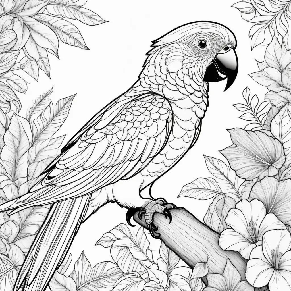 Black Parrot Coloring Page with Hibiscus Flowers