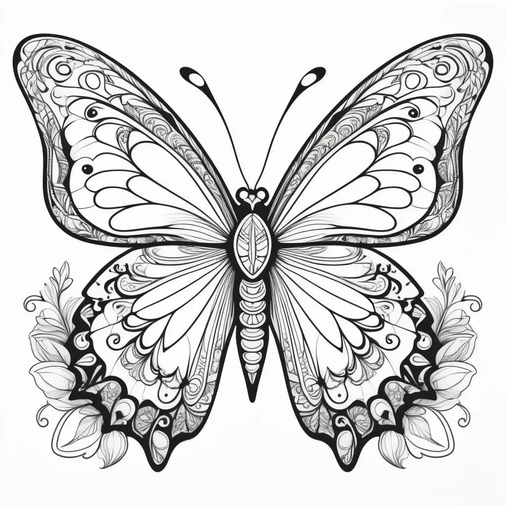 Black and White Butterfly Coloring Page with Flowery Accents