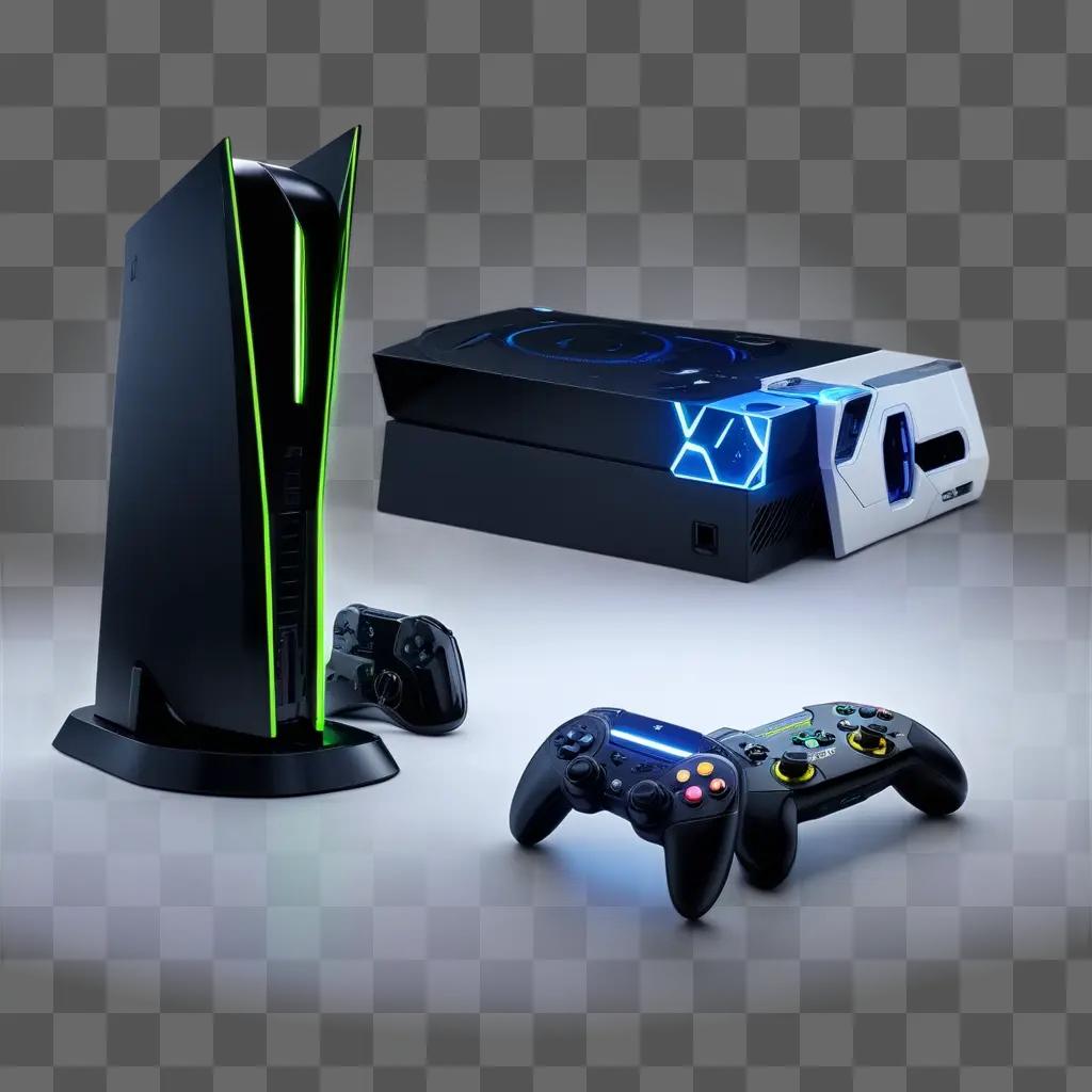 Black and neon video game equipment on a table