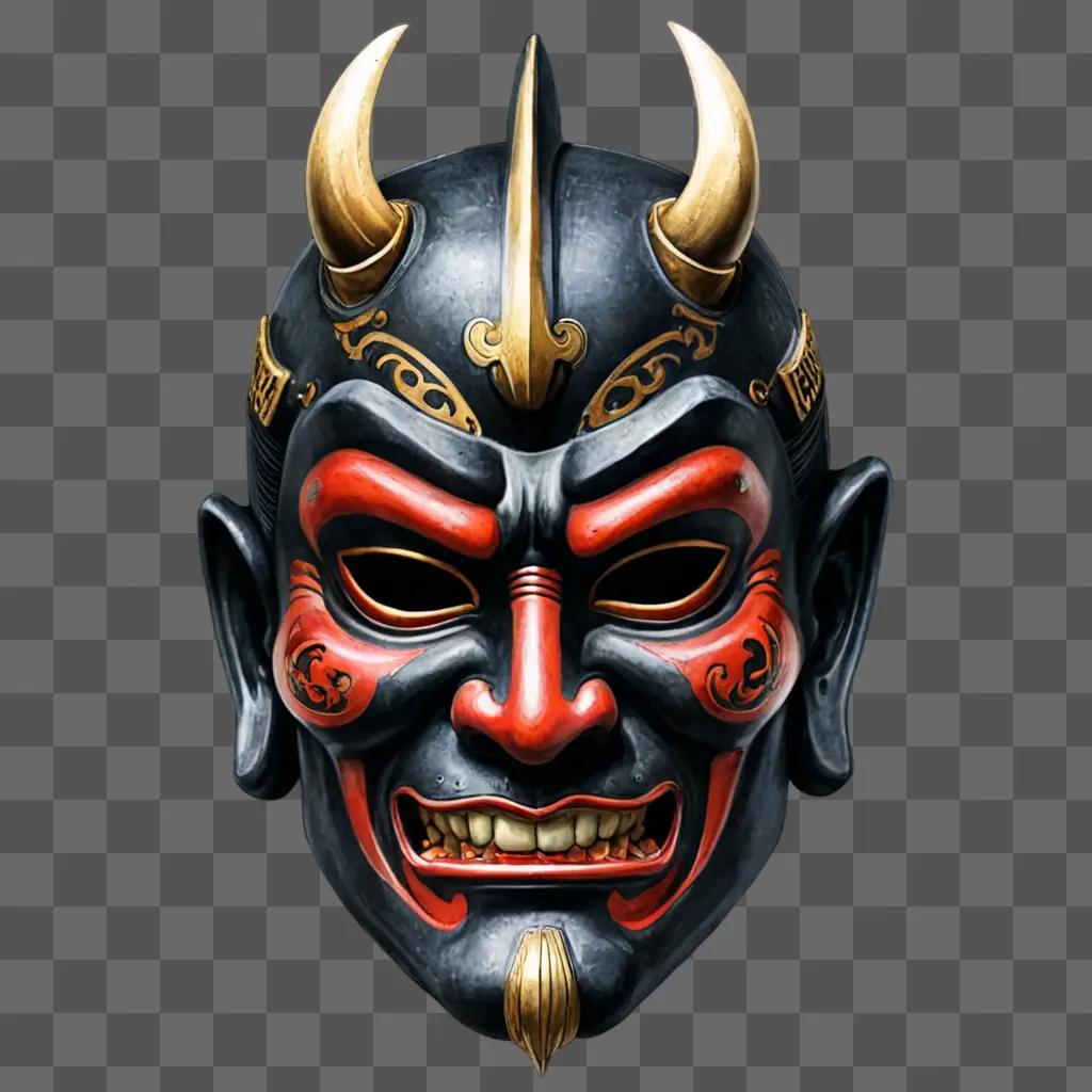 Black and red samurai mask with gold and red accents