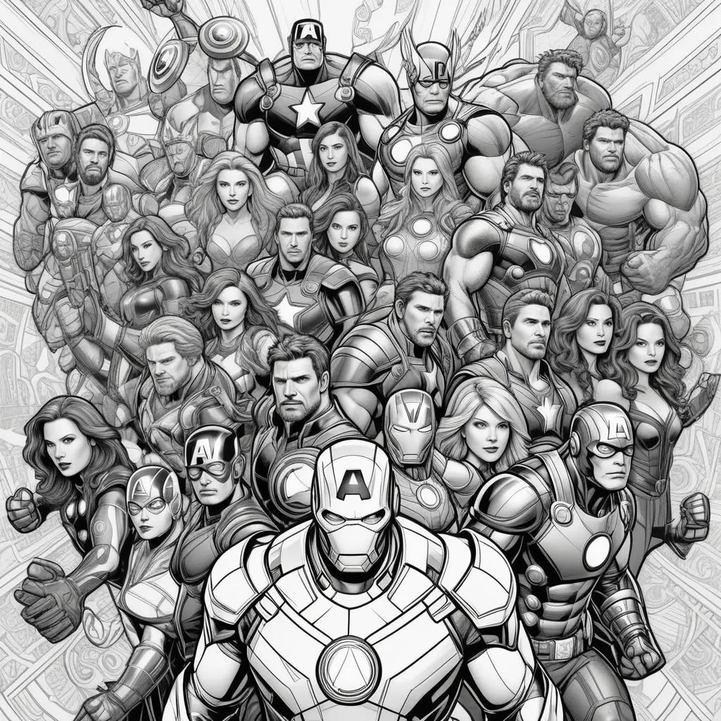 Black and white Avengers coloring page with many characters