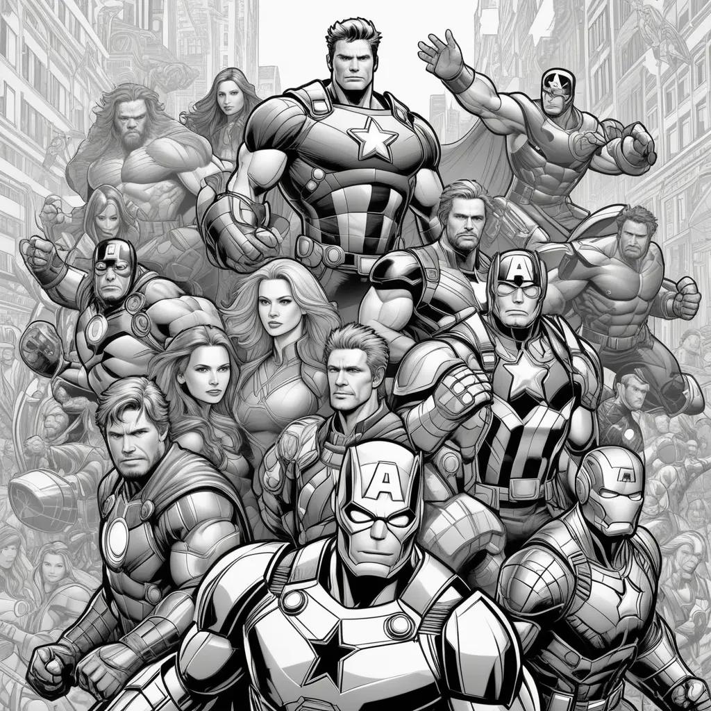 Black and white Avengers coloring pages on the street