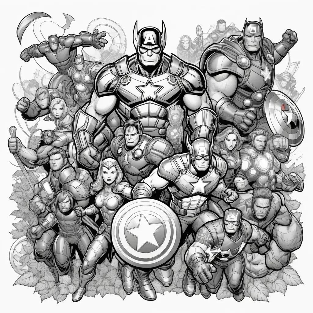 Black and white Avengers coloring pages with all the heroes