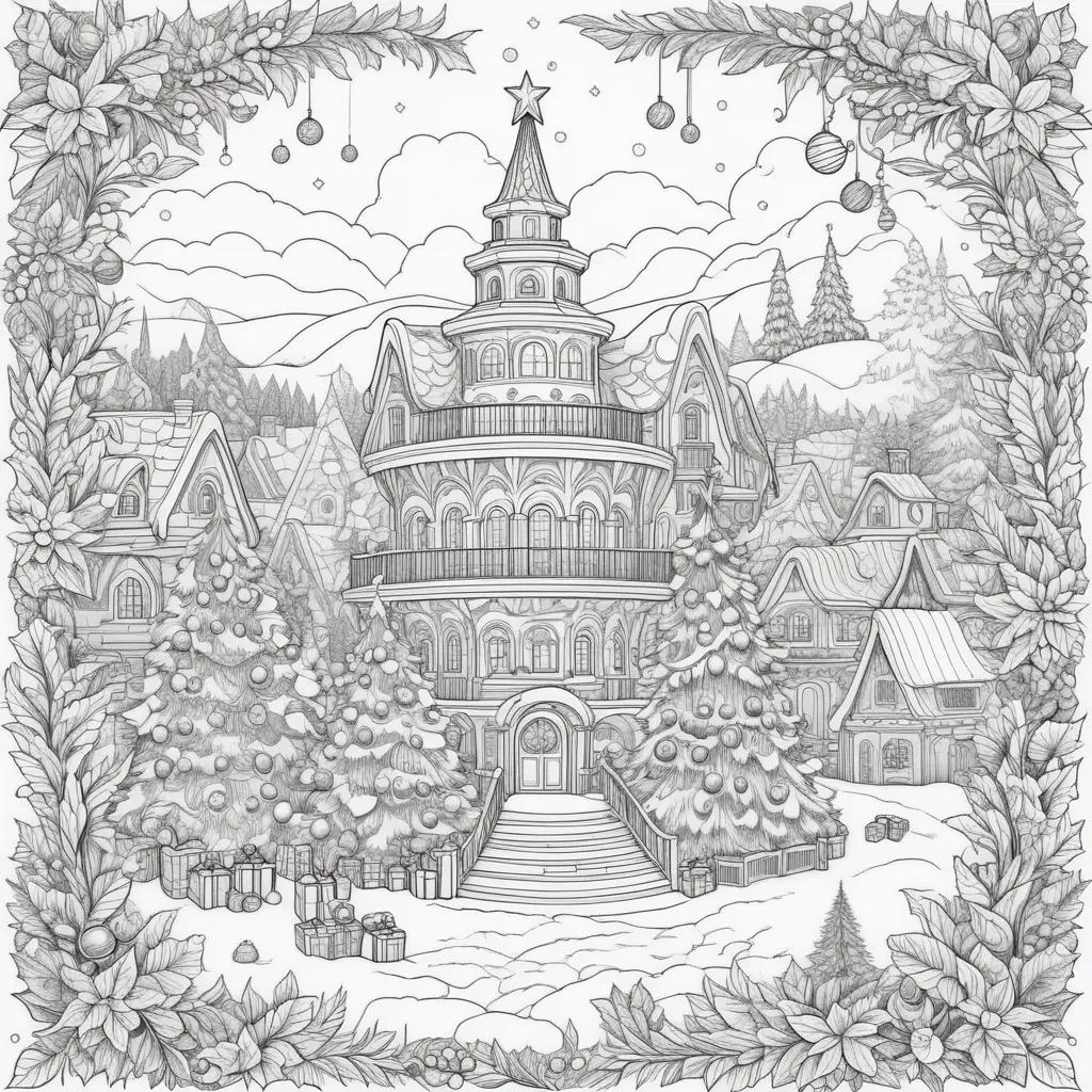 Black and white Christmas coloring page with a building and trees