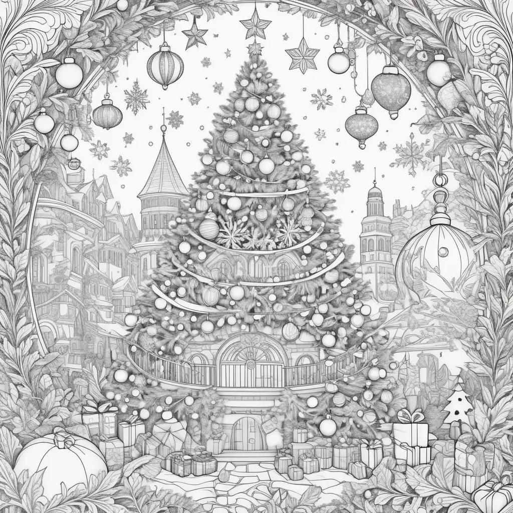 Black and white Christmas coloring page with a tree and presents