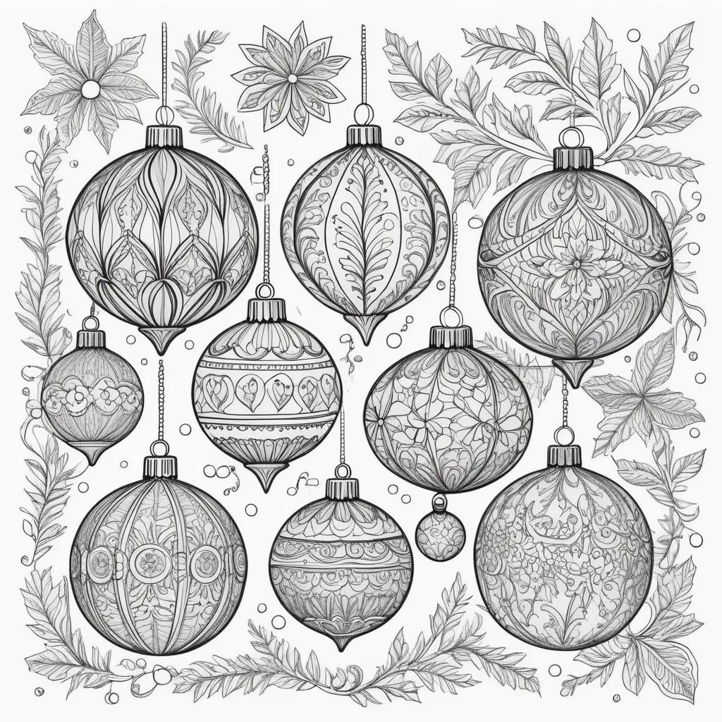 Black and white Christmas ornament coloring pages with various designs