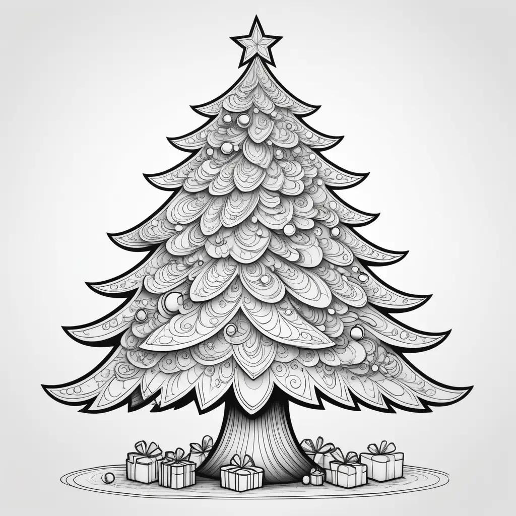 Black and white Christmas tree coloring page with presents