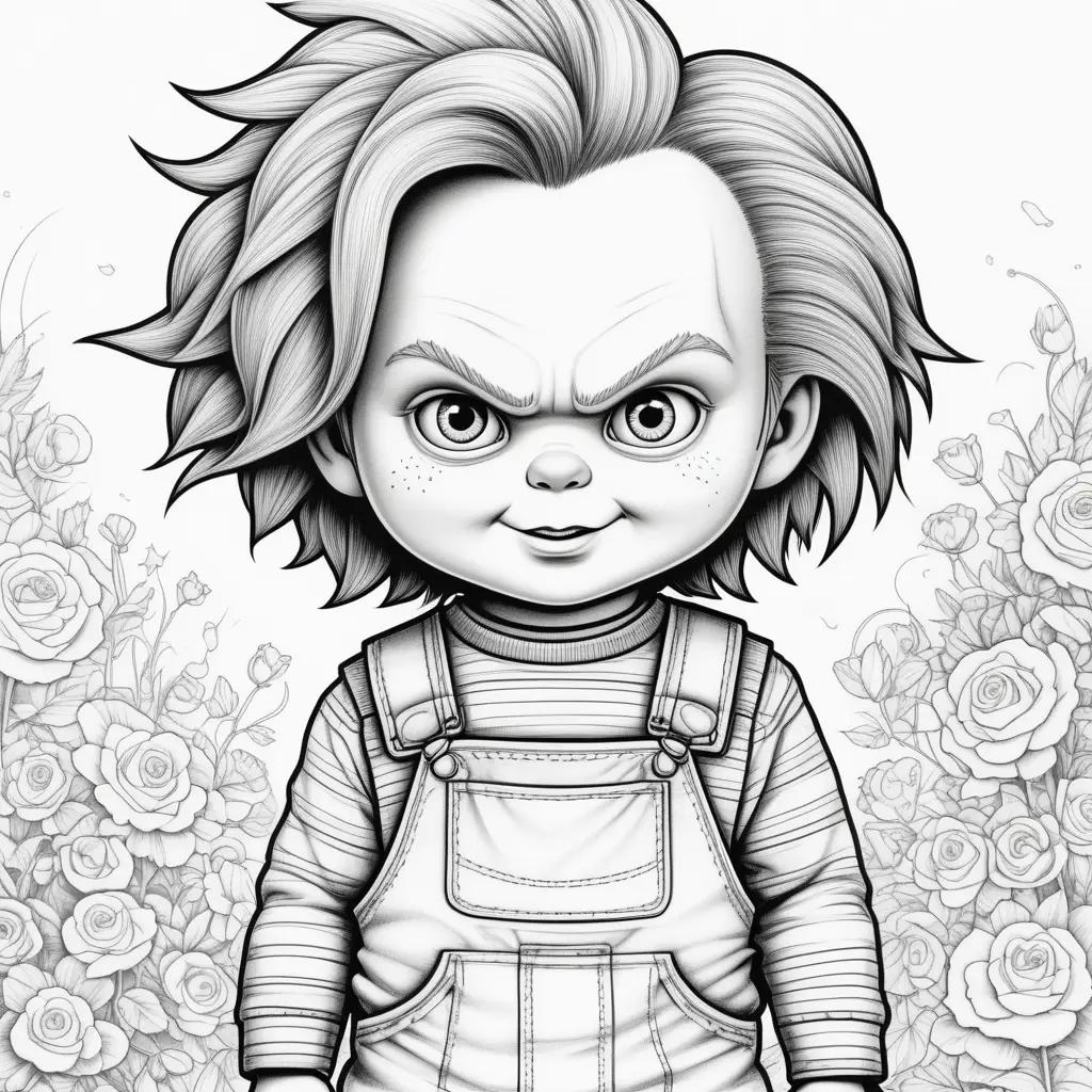 Black and white Chucky color page with roses