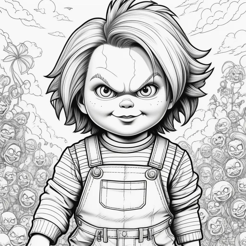 Black and white Chucky coloring page with cartoon features