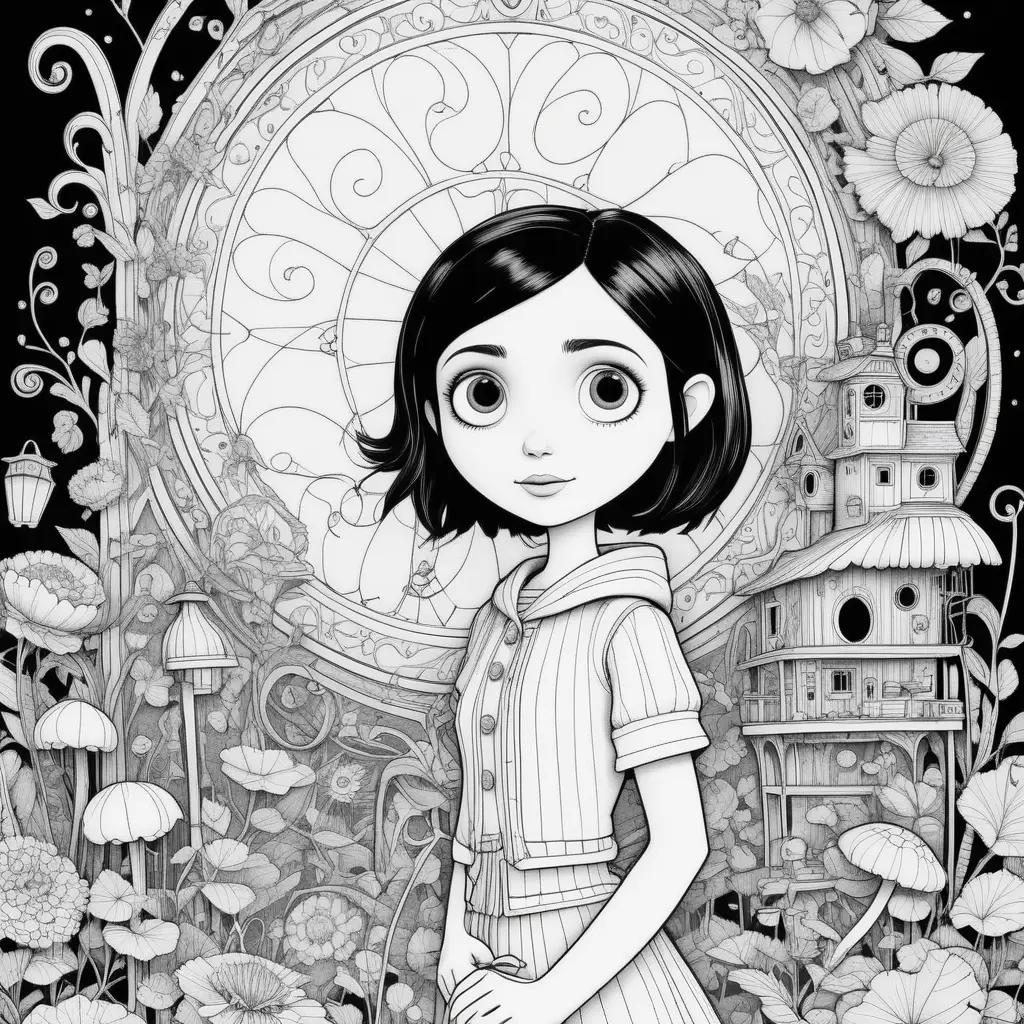 Black and white Coraline color page with girl and buildings