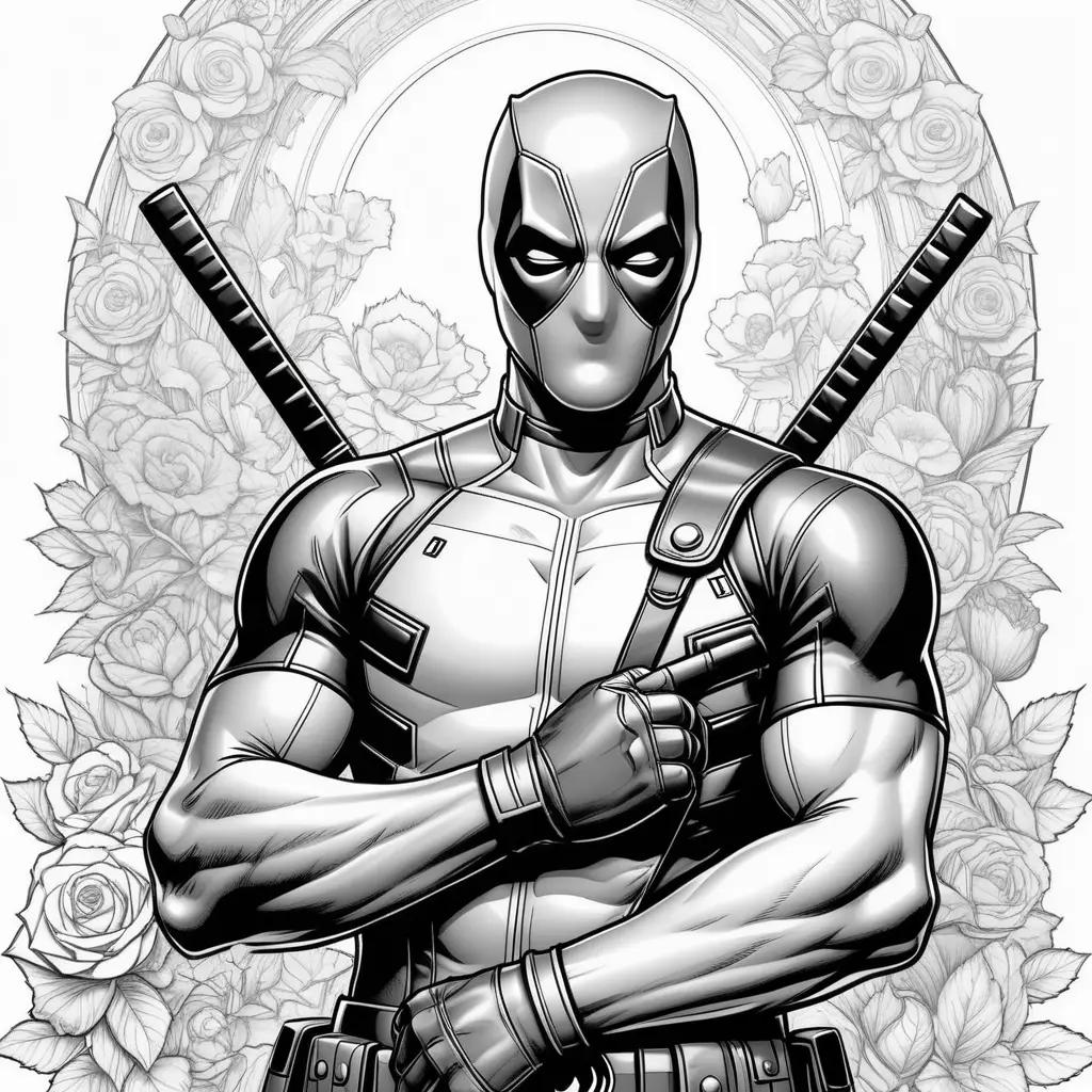 Black and white Deadpool coloring pages with roses