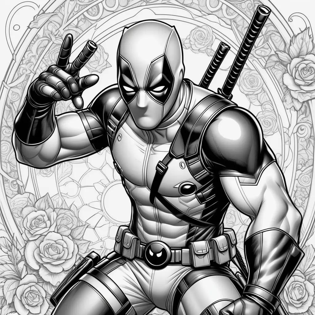 Black and white Deadpool coloring pages with roses