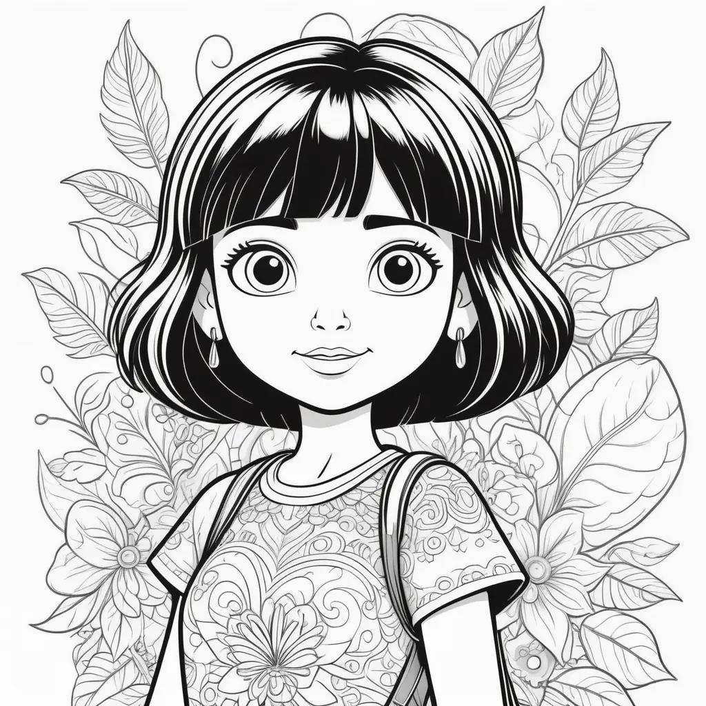 Black and white Dora coloring page with flowers