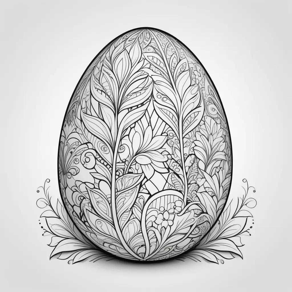 Black and white Easter egg coloring page with decorative leaves