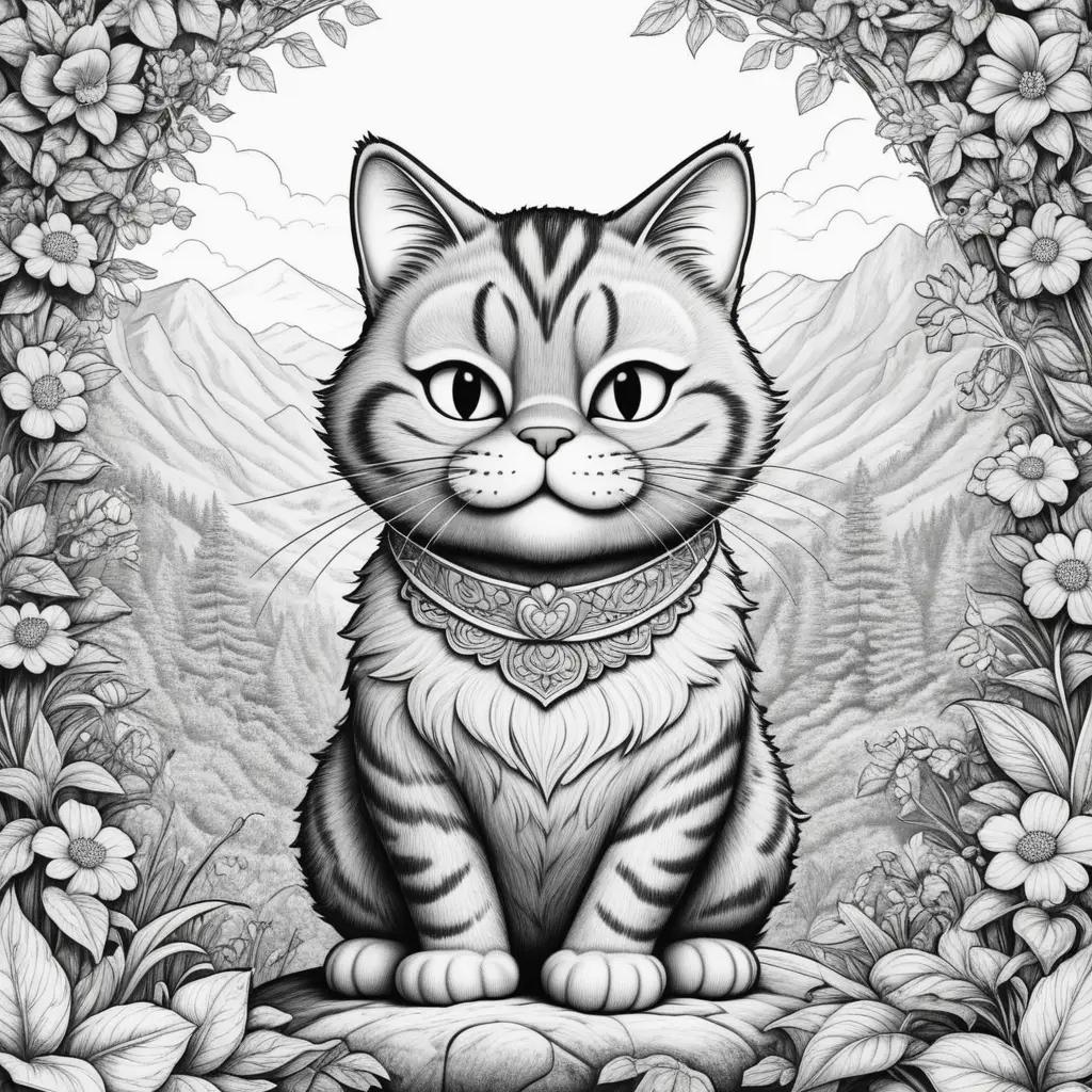 Black and white Garfield coloring pages with flowers