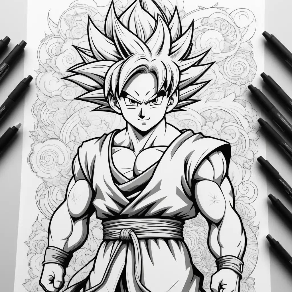 Black and white Goku coloring page with a black pen