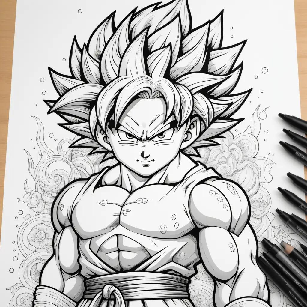 Black and white Goku coloring page with black and white ink