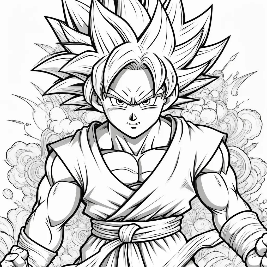 Black and white Goku coloring page with white clouds in background