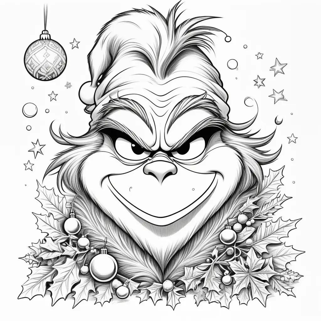 Black and white Grinch coloring page with Christmas decorations