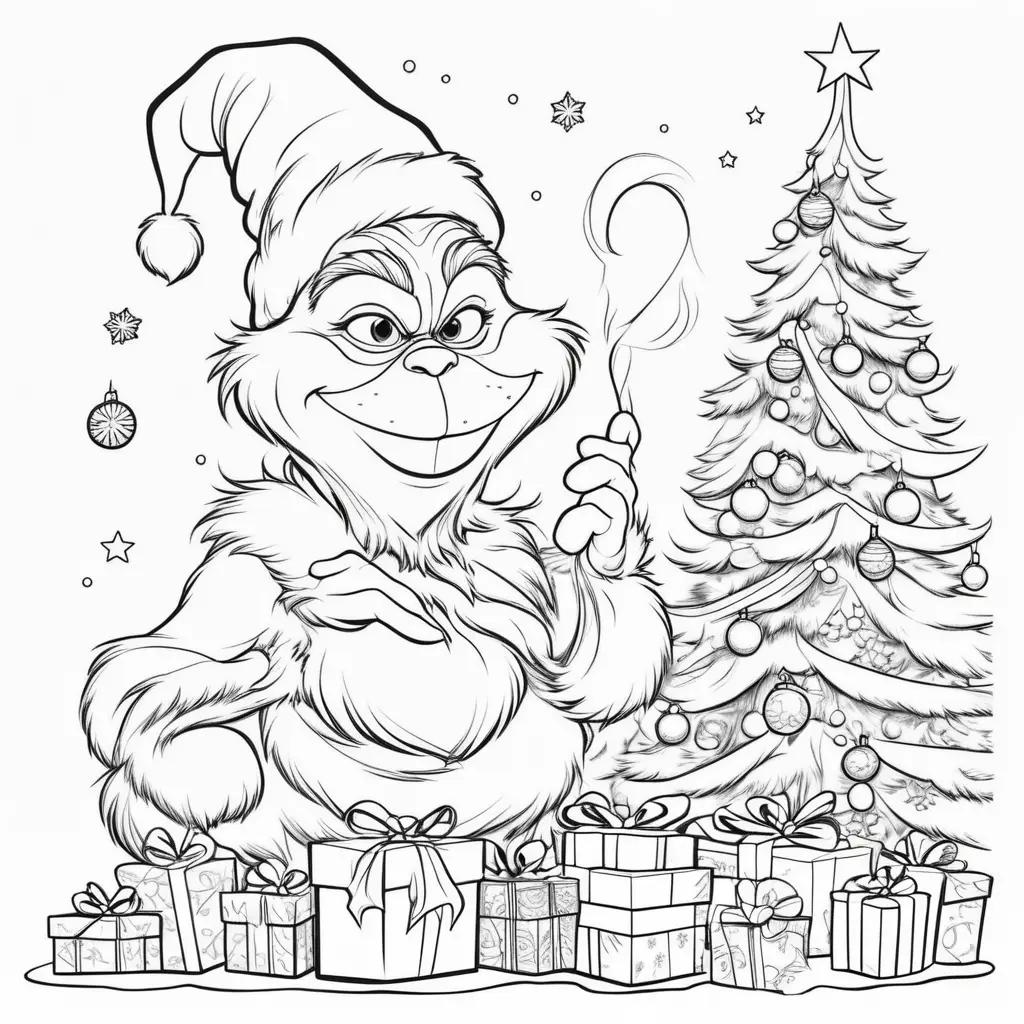 Black and white Grinch coloring page with presents and Christmas tree