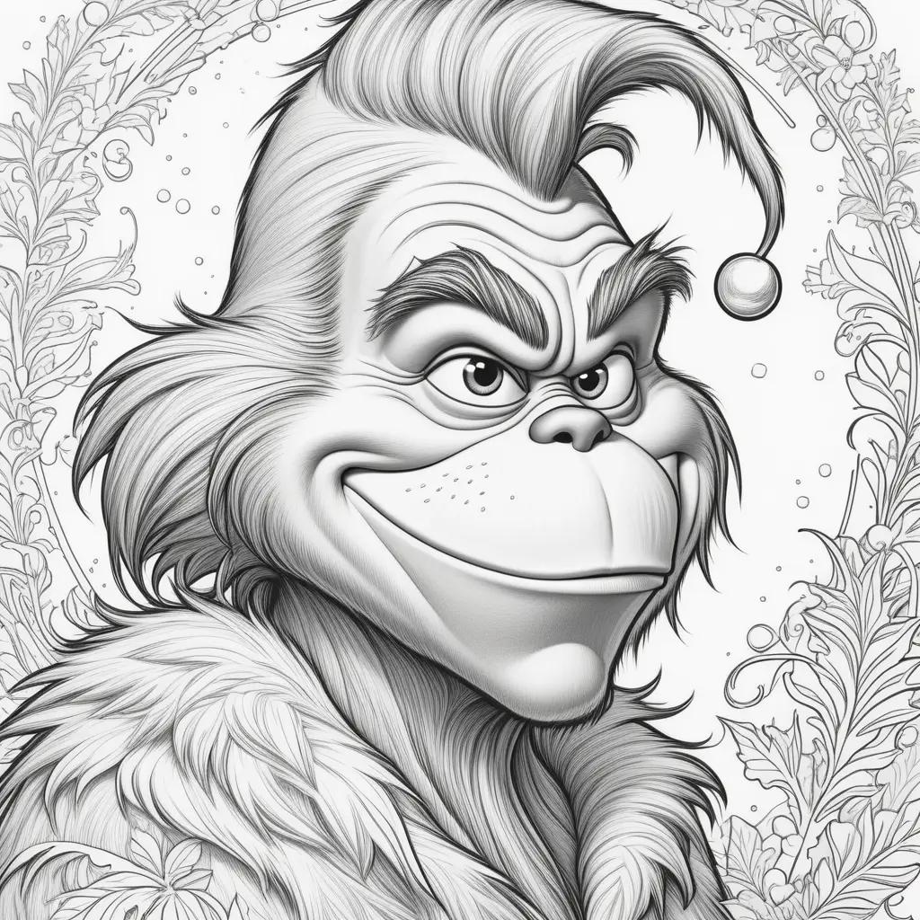 Black and white Grinch coloring page with wreath in background