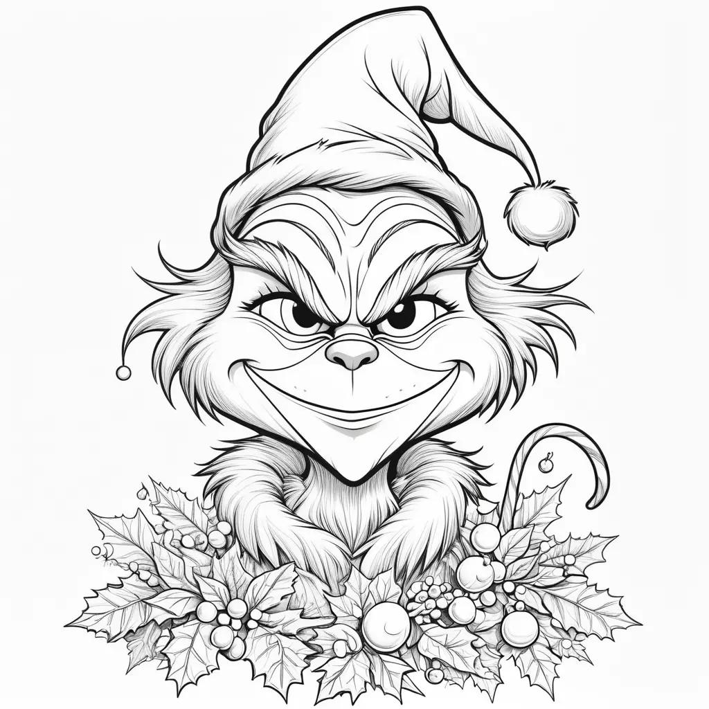 Black and white Grinch coloring pages with Christmas wreath