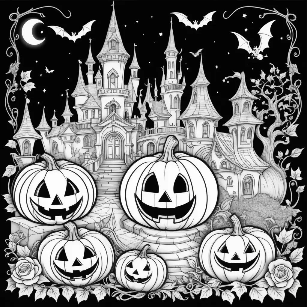 Black and white Halloween castle and pumpkin coloring pages