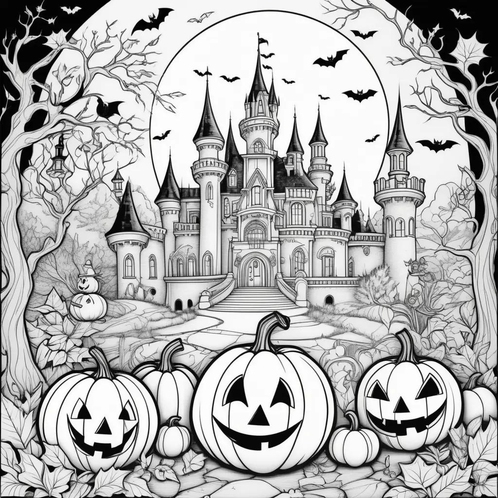 Black and white Halloween castle coloring pages with pumpkins